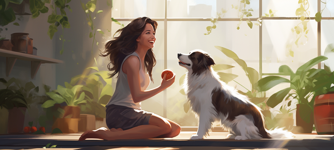 Woman plays with dog