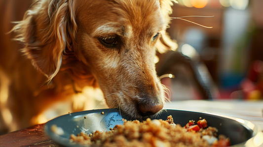 This vibrant image captures a golden retriever indulging in a bowl of quinoa.