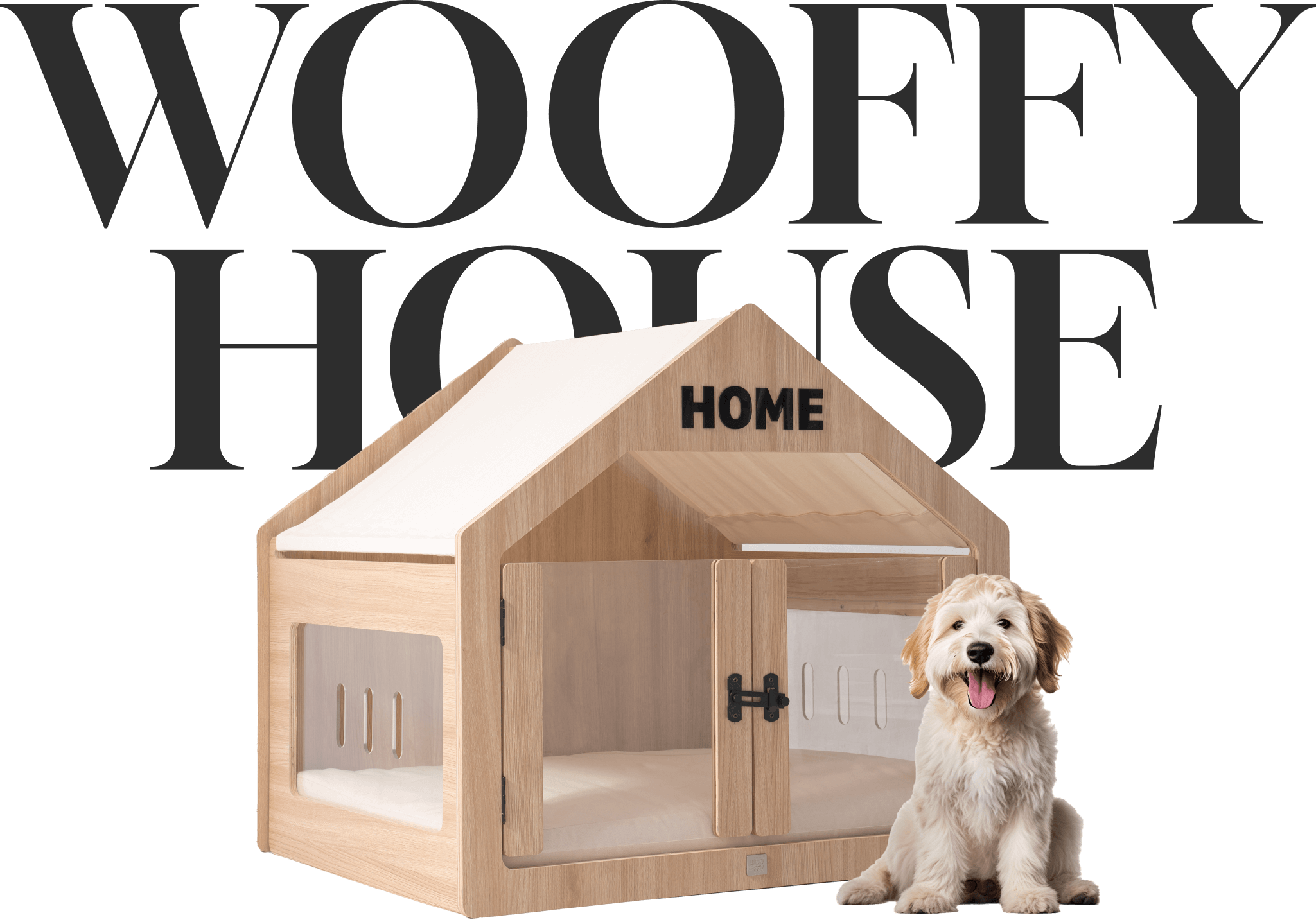 A puppy sit next to the Wooffy modern dog house