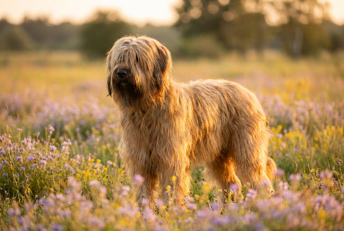 Adult Briard with long flowing tawny double coat with shaggy beard and eyebrows covering the eyes, professional pet photograph