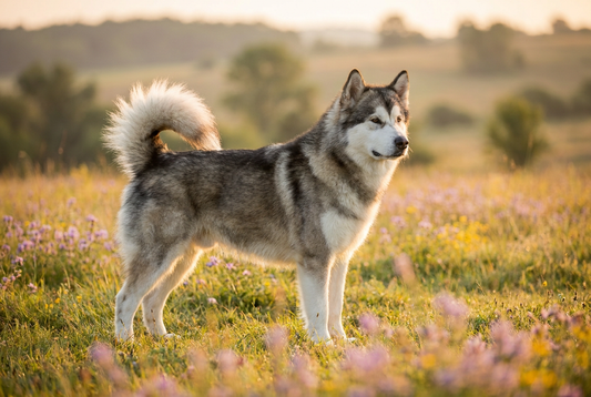 Adult Alaskan Malamute with thick gray-and-white double coat with plumed tail over the back, professional pet photograph
