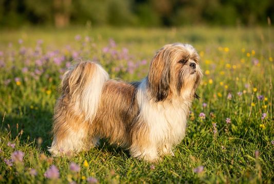 Adult Shih Tzu with long flowing silky multi-color double coat (gold, white, brindle), professional pet photograph