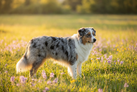 Adult Australian Shepherd with medium-length blue merle or red merle with white markings, professional pet photograph