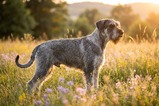 Adult Giant Schnauzer with harsh wiry black or salt-and-pepper coat with prominent beard and bushy eyebrows, large powerful frame, professional pet photograph