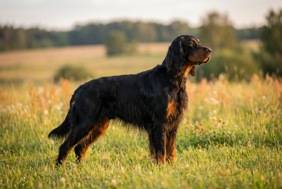 Adult Gordon Setter with long silky black-and-tan coat with feathering, substantial muscular build, professional pet photograph