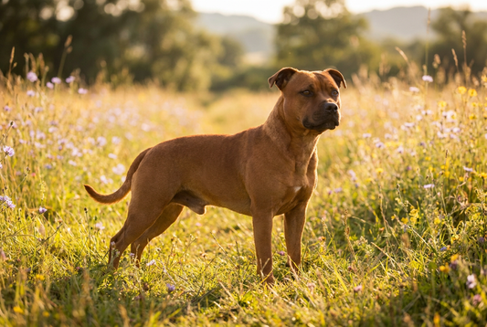 Adult Staffordshire Bull Terrier with short smooth red coat, broad-skulled muscular compact frame, professional pet photograph