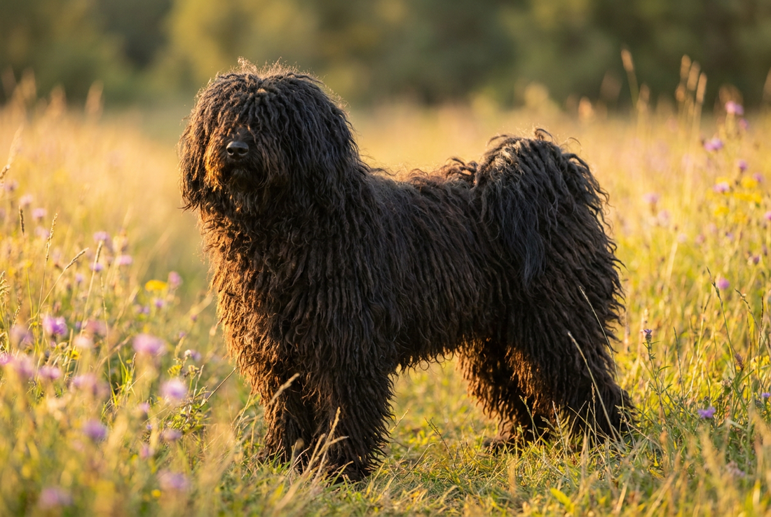 Adult Puli with long black corded mop-like coat, professional pet photograph