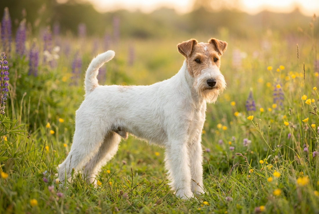Adult Wire Fox Terrier with harsh wiry white-with-tan-markings coat with prominent beard and eyebrows, professional pet photograph
