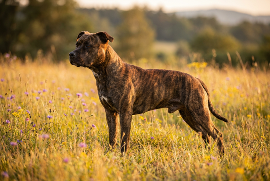 Adult American Staffordshire Terrier with short glossy brindle or fawn with a powerful muscular frame, professional pet photograph