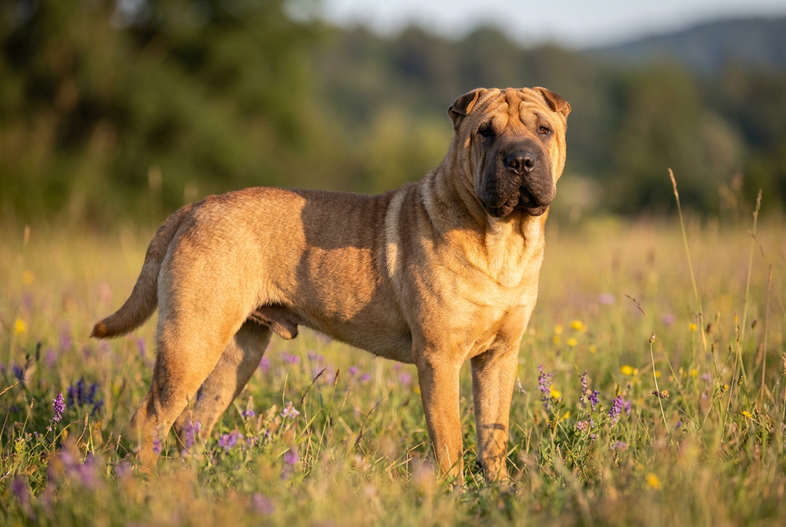 Adult Chinese Shar-Pei with short bristly fawn coat with deep characteristic loose wrinkles and hippopotamus-like muzzle, professional pet photograph
