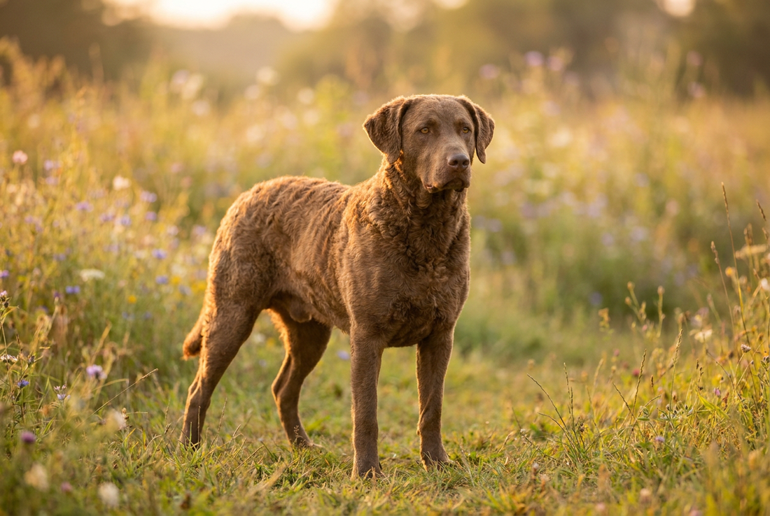 Adult Chesapeake Bay Retriever with wavy oily brown water-resistant double coat, professional pet photograph