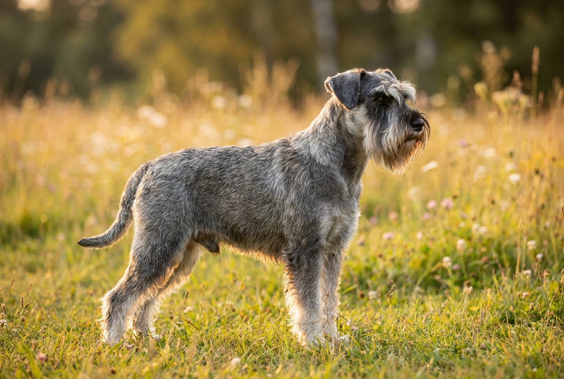 Adult Miniature Schnauzer with wiry salt-and-pepper coat with prominent beard and bushy eyebrows, professional pet photograph
