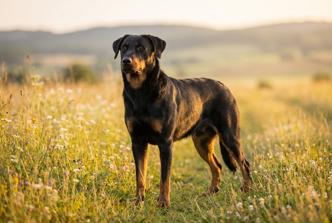 Adult Beauceron with short black-and-tan double coat with double dewclaws on rear legs, large athletic frame, professional pet photograph