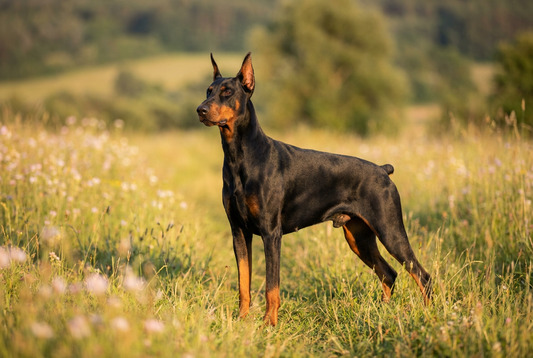 Adult Doberman Pinscher with short sleek black-and-rust coat, athletic muscular frame, professional pet photograph