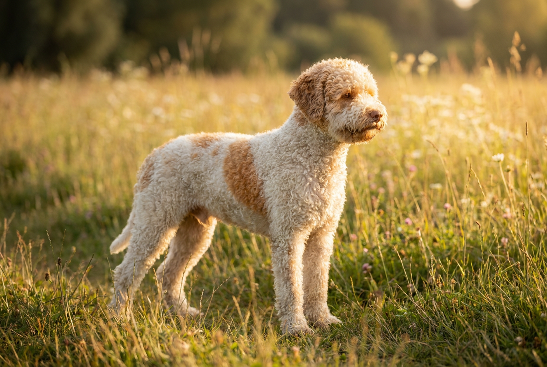 Adult Lagotto Romagnolo with dense tight off-white-and-orange curly coat, AI-generated illustration