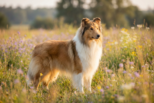 Adult Collie (Rough Collie) with long sable-and-white flowing double coat with a wedge head, professional pet photograph