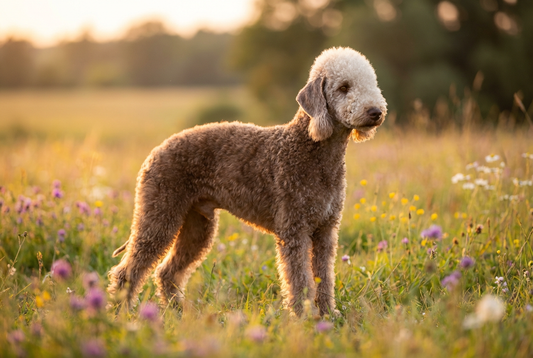 Adult Bedlington Terrier with crisp curly low-shedding lamb-like coat with a fluffy lighter topknot, professional pet photograph