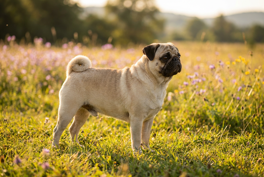 Adult Pug with short smooth fawn coat with deep wrinkles and curled tail, brachycephalic flat face, professional pet photograph