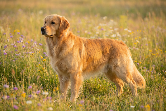 Adult Golden Retriever with rich golden long flowing double coat with feathering, professional pet photograph