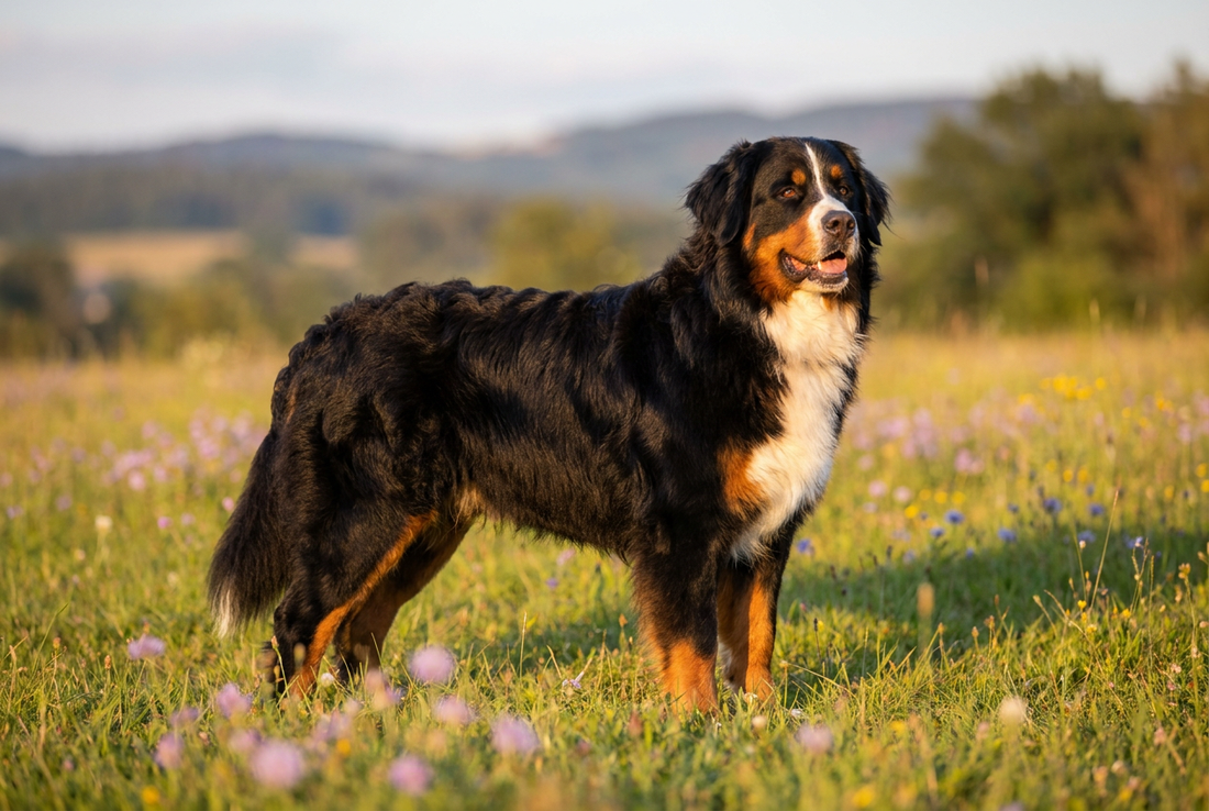Adult Bernese Mountain Dog with long tri-color (black, rust, white) double coat, professional pet photograph