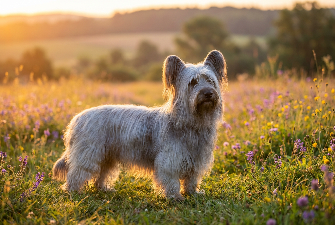 Adult Skye Terrier with long flowing silver-blue coat reaching the ground with drop ears, professional pet photograph