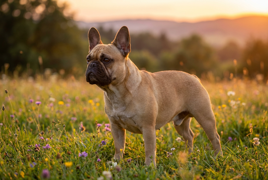 Adult French Bulldog with short fawn coat, large bat ears, flat brachycephalic face, compact heavy-boned frame, professional pet photograph