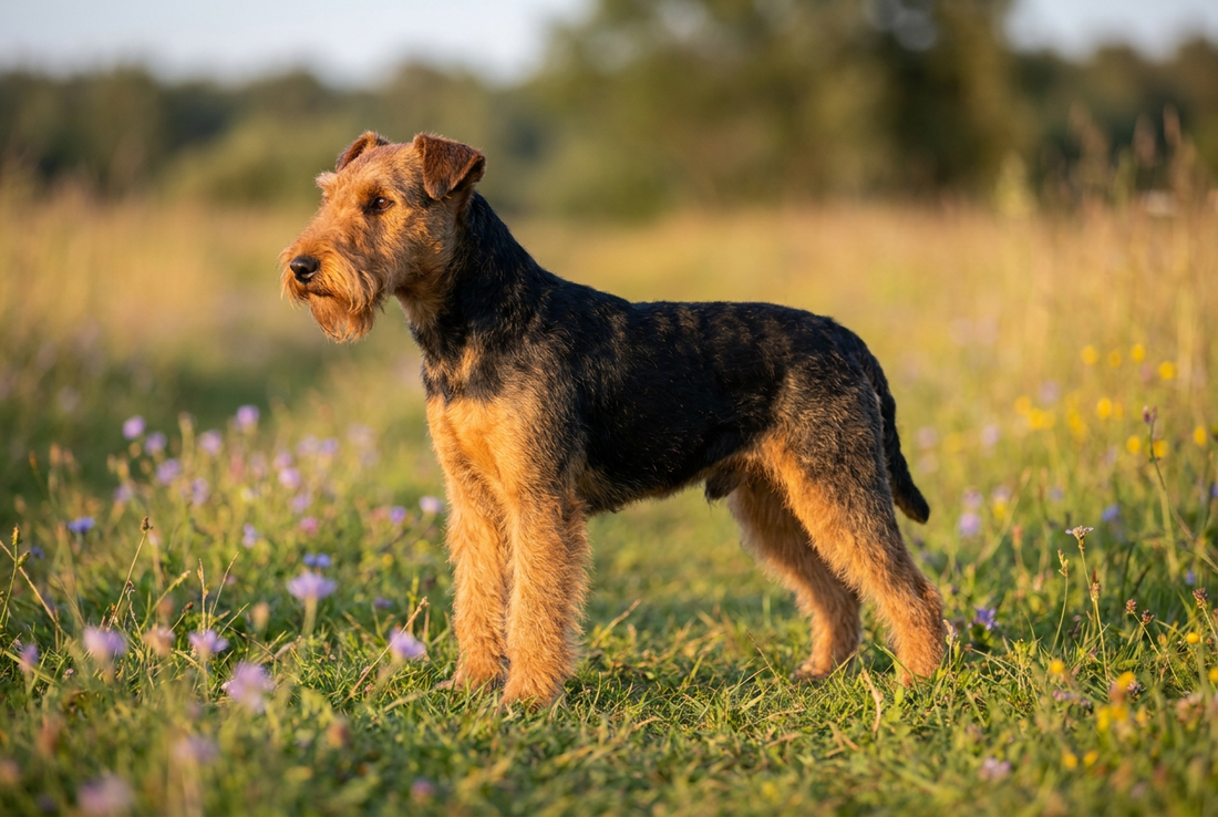 Adult Welsh Terrier with harsh wiry black-and-tan coat with beard and eyebrows, professional pet photograph
