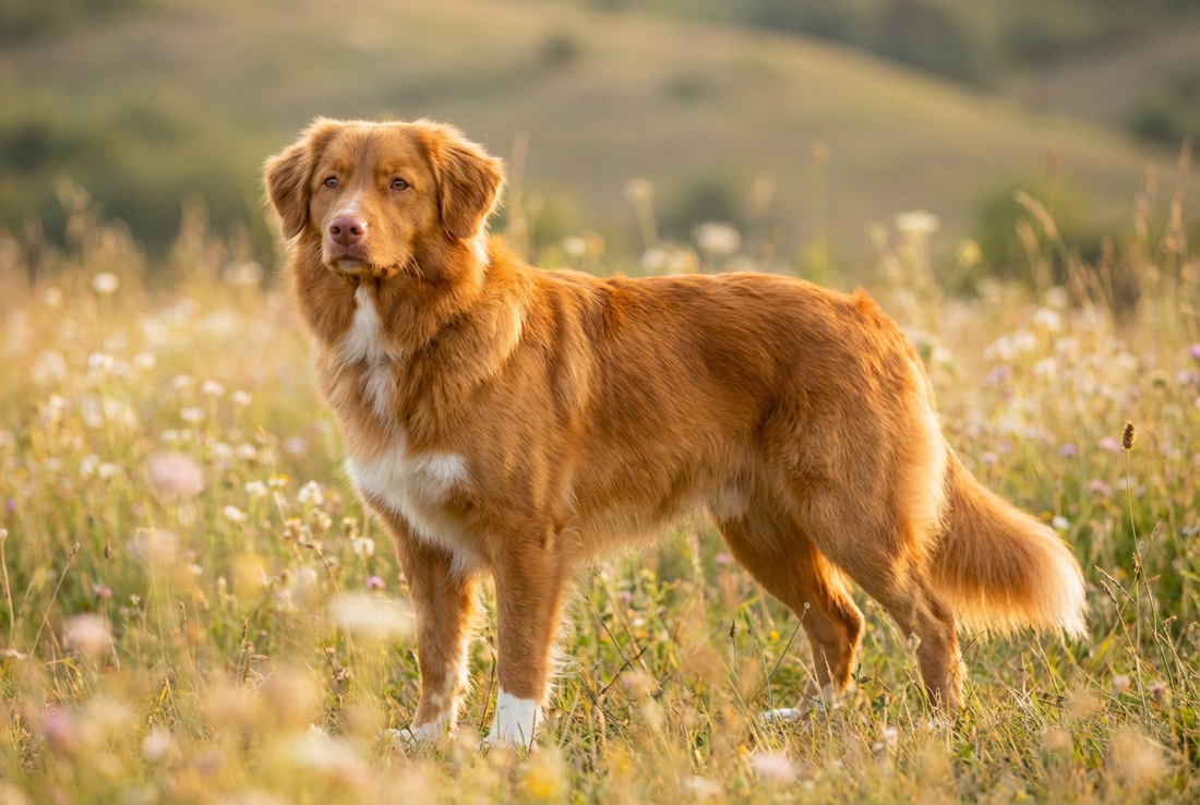 Adult Nova Scotia Duck Tolling Retriever with medium-length golden-red double coat with white markings, fox-like build, professional pet photograph