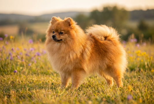 Adult Pomeranian with soft dense orange double coat fanning out into a fox-like ruff, professional pet photograph