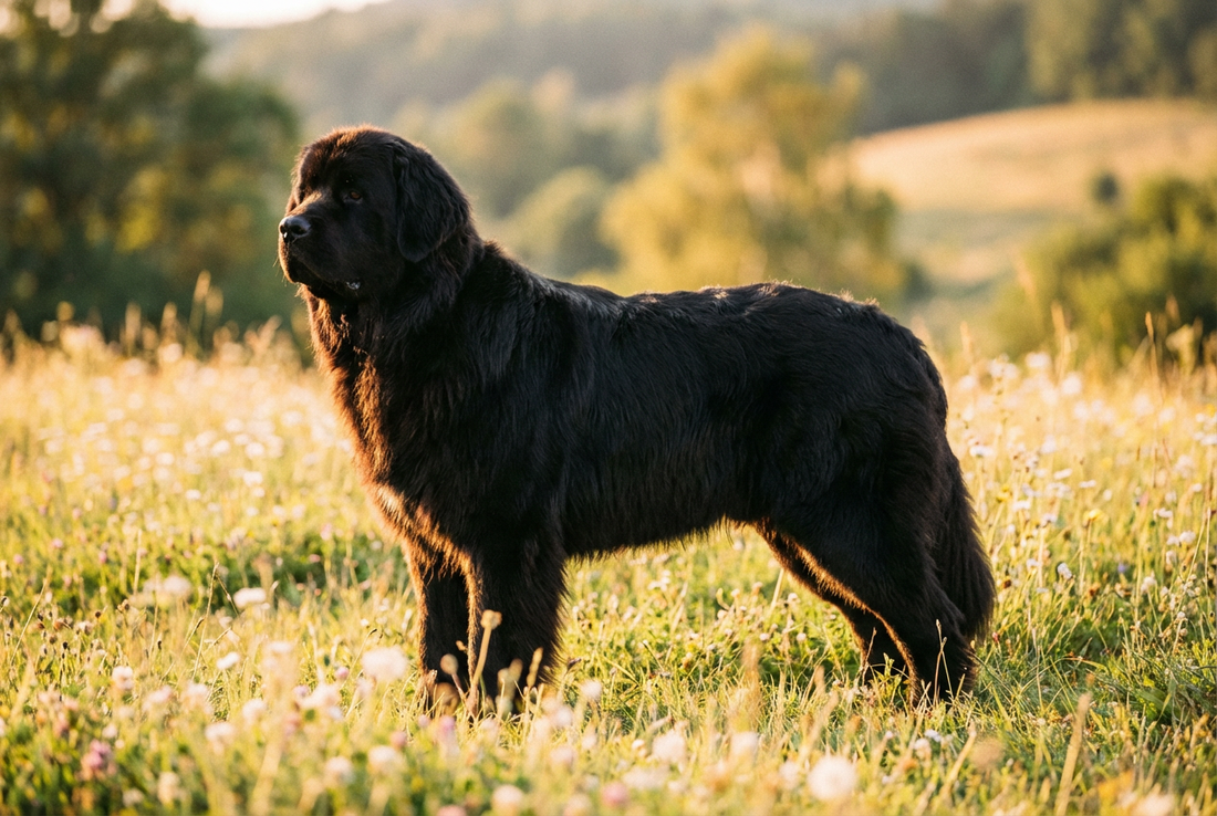 Adult Newfoundland with long dense flat black water-resistant double coat, professional pet photograph