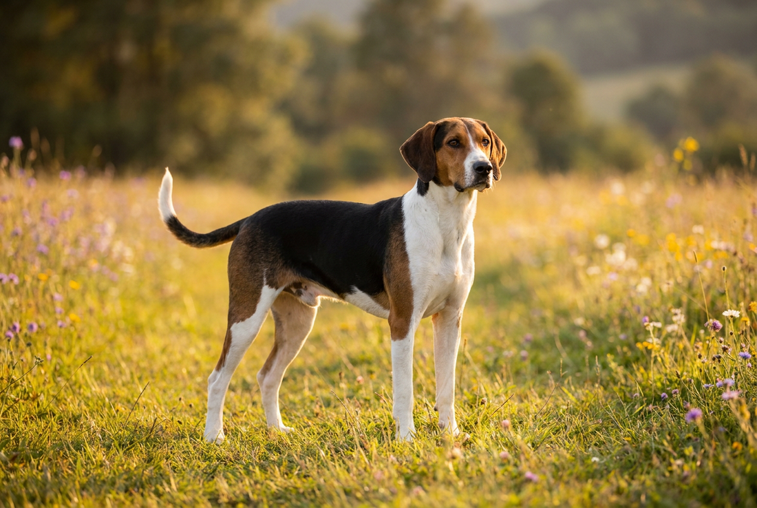 Adult American Foxhound with short tricolor (black, white, tan) hound coat, professional pet photograph