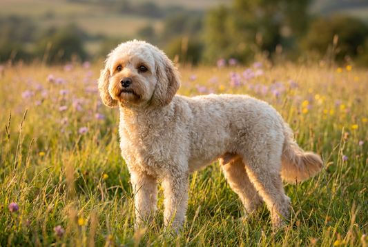 Adult Cavapoo with wavy or curly cream-and-apricot coat with a rounded teddy-bear muzzle and large dark eyes, professional pet photograph