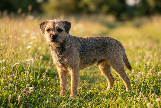 Adult Border Terrier with harsh wiry grizzle-and-tan coat with otter-like head, professional pet photograph