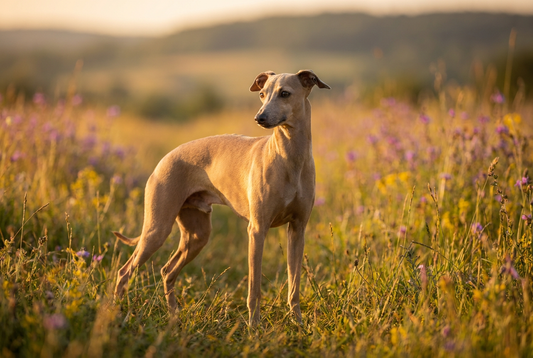 Adult Italian Greyhound with very short fine fawn coat, miniature sighthound build, professional pet photograph