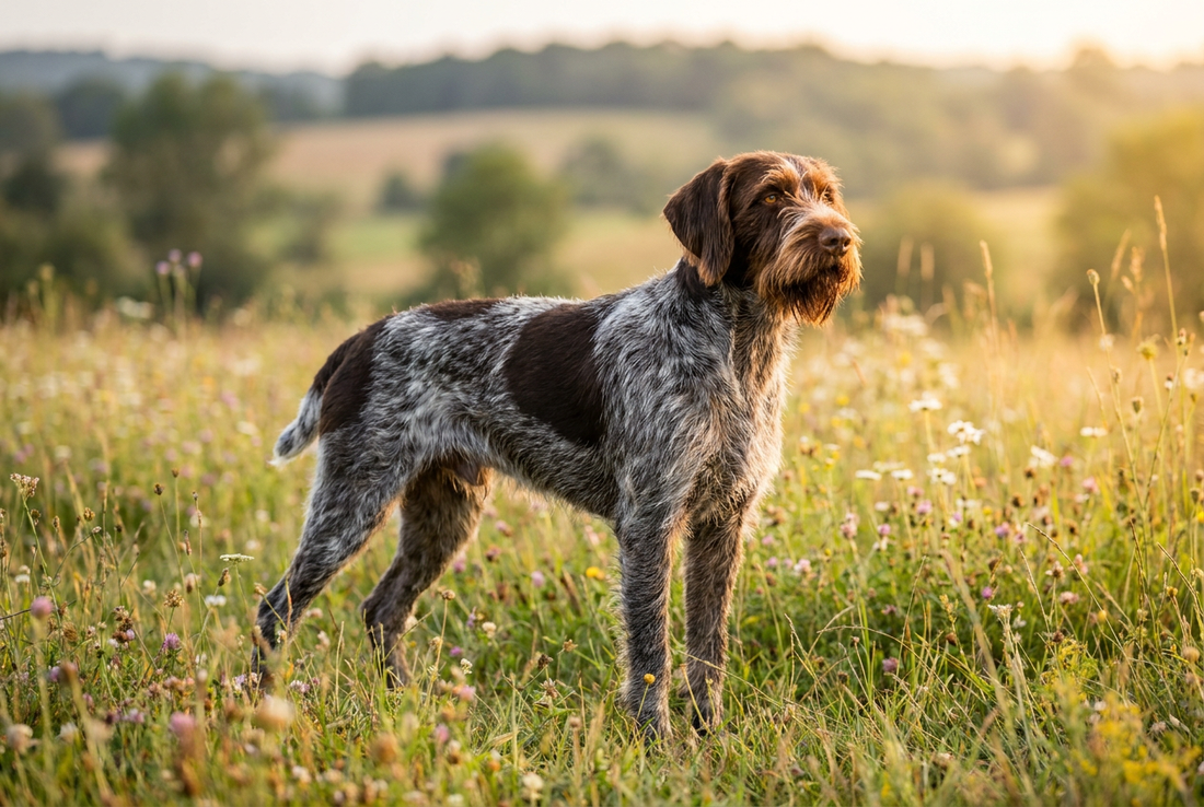 Adult German Wirehaired Pointer with harsh wiry liver-and-white coat with prominent beard and eyebrows, professional pet photograph