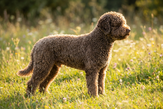 Adult Spanish Water Dog with dense corded or curled brown coat (often clipped uniformly), professional pet photograph