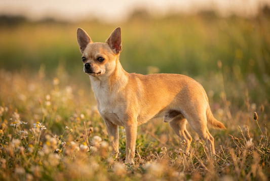 Adult Chihuahua with short smooth fawn coat with apple-dome head and large erect ears, professional pet photograph