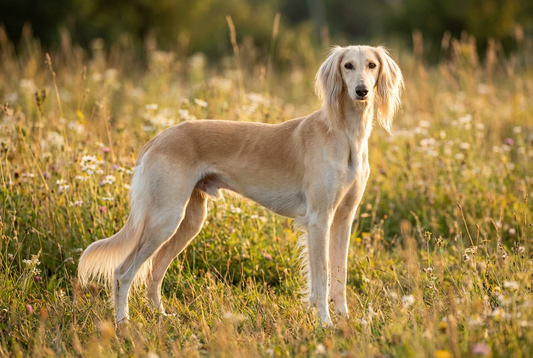 Adult Saluki with smooth cream-and-tan sighthound coat with feathered ears and tail, professional pet photograph