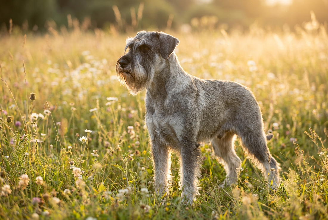 Adult Standard Schnauzer with harsh wiry salt-and-pepper coat with prominent beard and bushy eyebrows, professional pet photograph