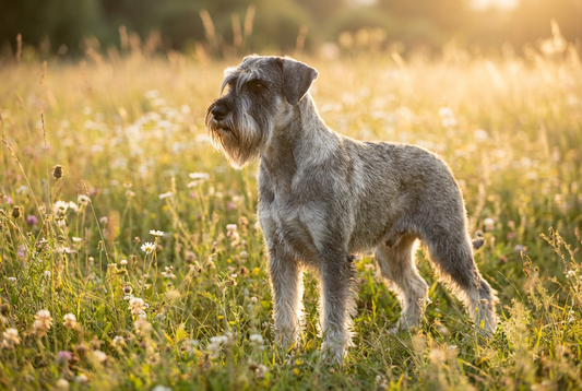 Adult Standard Schnauzer with harsh wiry salt-and-pepper coat with prominent beard and bushy eyebrows, professional pet photograph