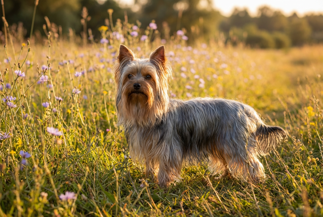 Adult Yorkshire Terrier with long fine silky steel-blue-and-tan single coat (resembles human hair), professional pet photograph