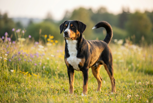 Adult Entlebucher Mountain Dog with short tricolor (black, rust, white) Swiss mountain dog coat with athletic compact frame, professional pet photograph