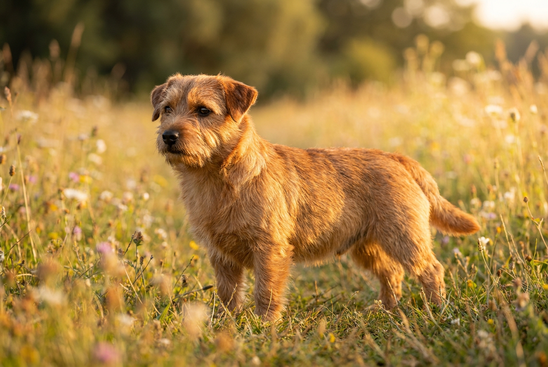 Adult Norfolk Terrier with harsh wiry red coat with folded drop ears, professional pet photograph