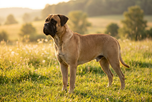 Adult Bullmastiff with short fawn coat with a black mask, large symmetrical frame, professional pet photograph