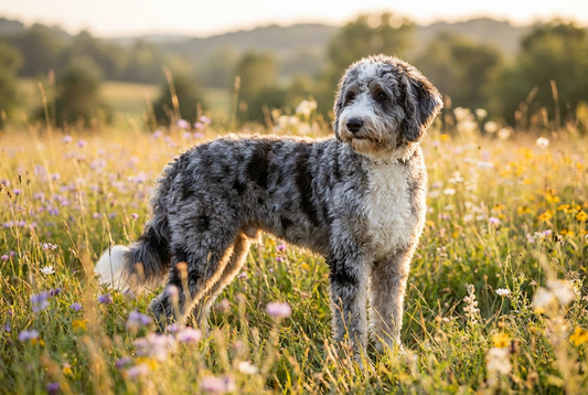 Adult Aussiedoodle with wavy or curly blue merle coat (mottled gray-blue with black patches) with white markings on the chest and face, professional pet photograph