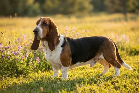 Adult Basset Hound with short tricolor coat, long droopy ears, low-slung wrinkled body, professional pet photograph