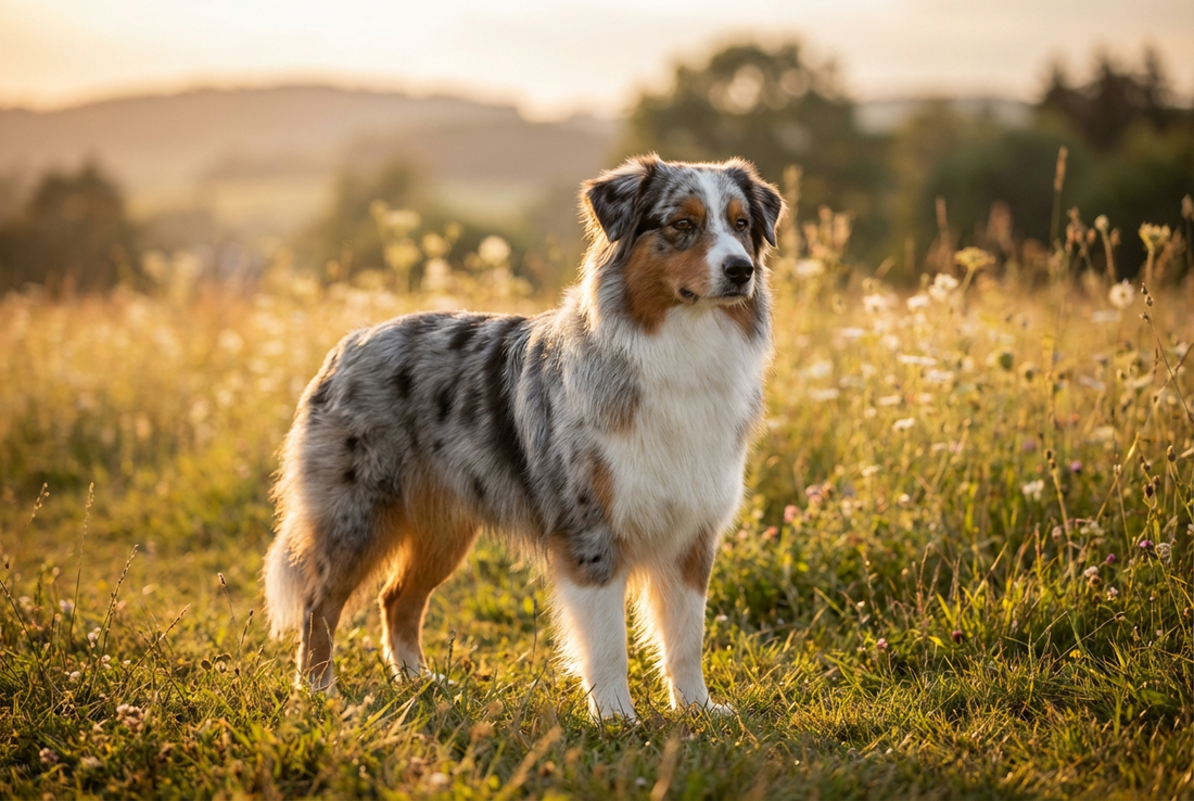 Adult Miniature American Shepherd with medium-length blue merle double coat with white and copper markings, professional pet photograph