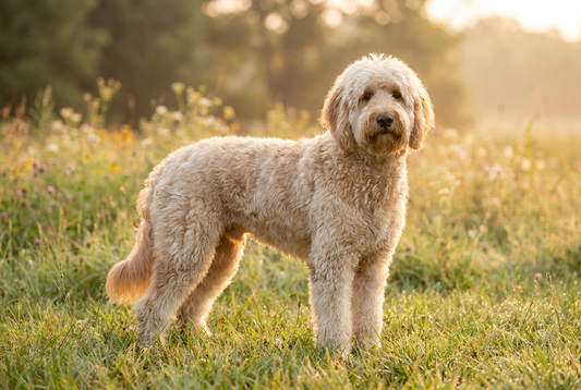 Adult Goldendoodle with wavy or curly cream-and-apricot coat with a soft teddy-bear face, professional pet photograph