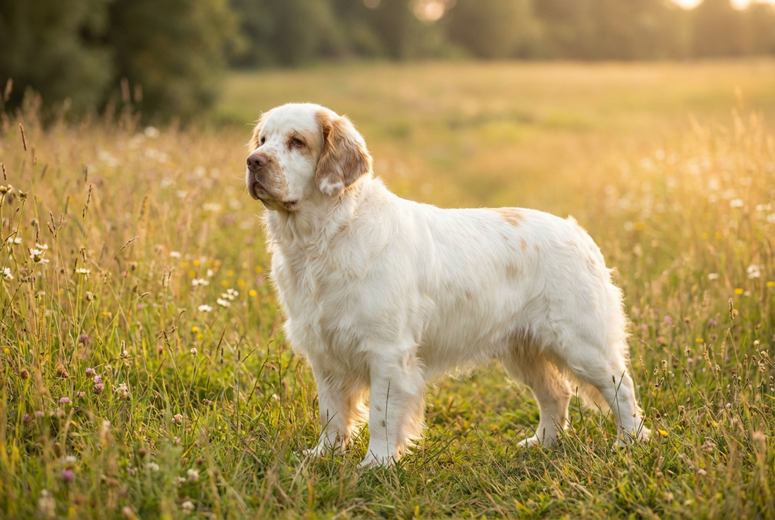 Adult Clumber Spaniel with dense flat silky white coat with lemon markings, heavy long-bodied build, professional pet photograph
