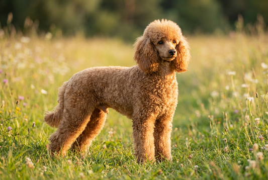 Adult Miniature Poodle with dense apricot curly coat in a refined elegant cut, professional pet photograph